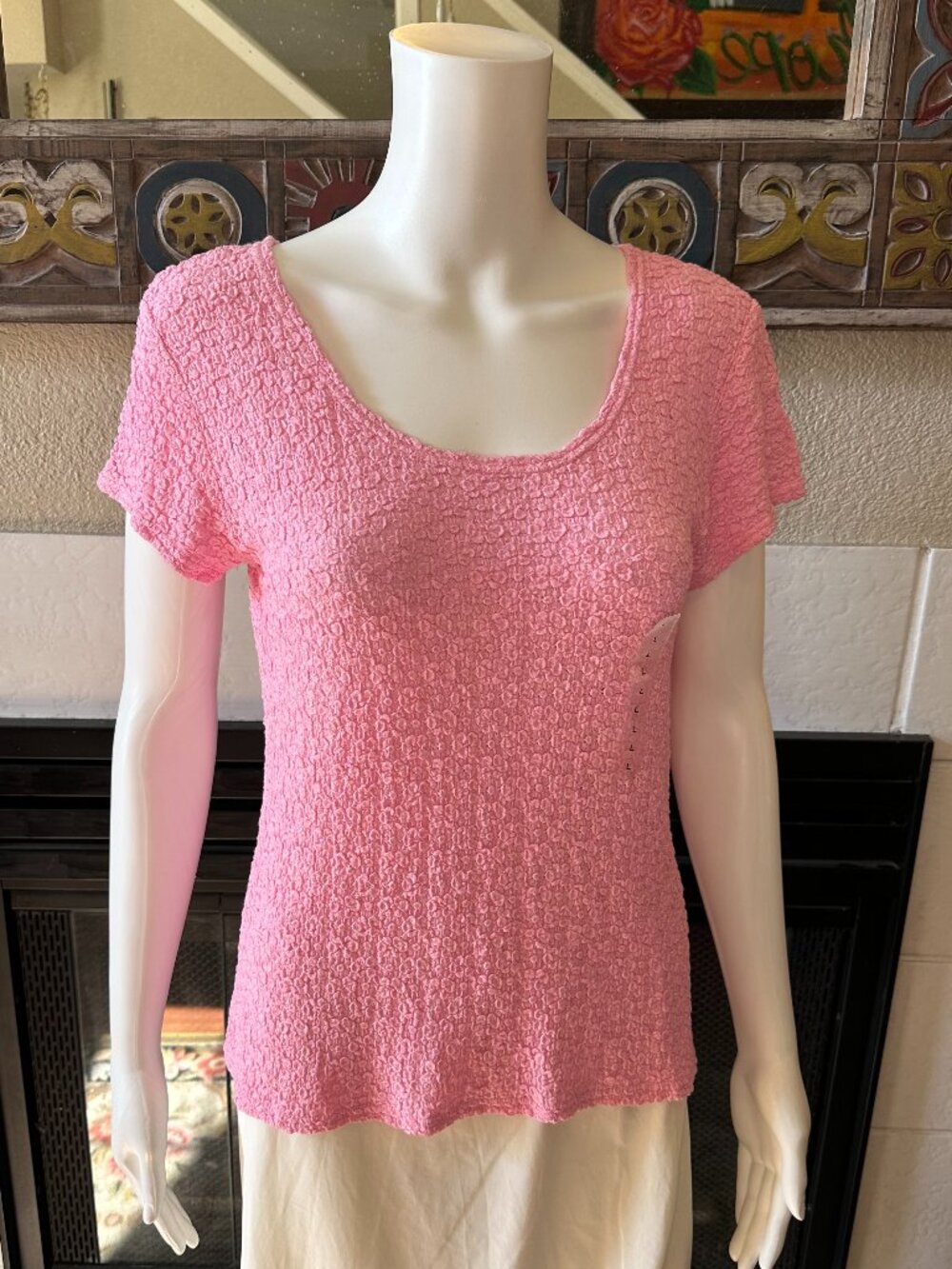 WORTHINGTON STRETCH TEXTURED Pink Short Sleeve Top LARGE Blouse NWT